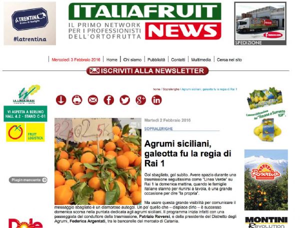 Home Page del sito Italian Fruit News che ha pubblicato l'articolo sugli agrumi siciliani