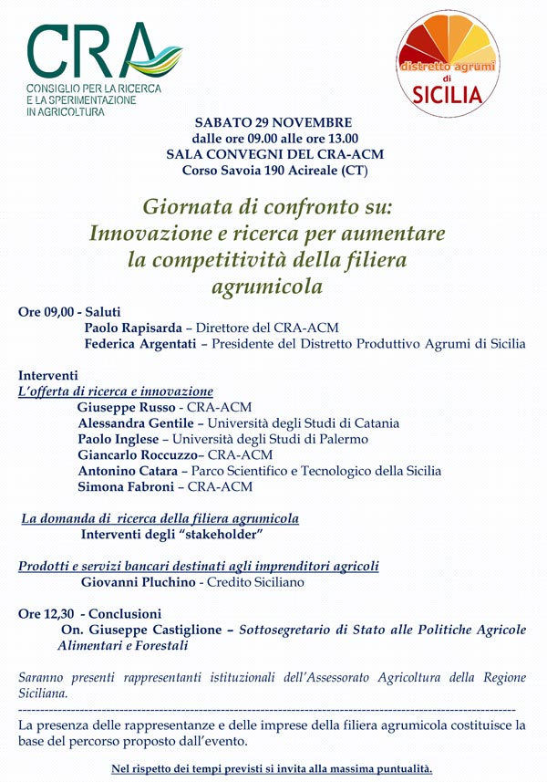 Innovazione e ricerca per aumentare la competitività della filiera agrumicola // Convegno a Catania
